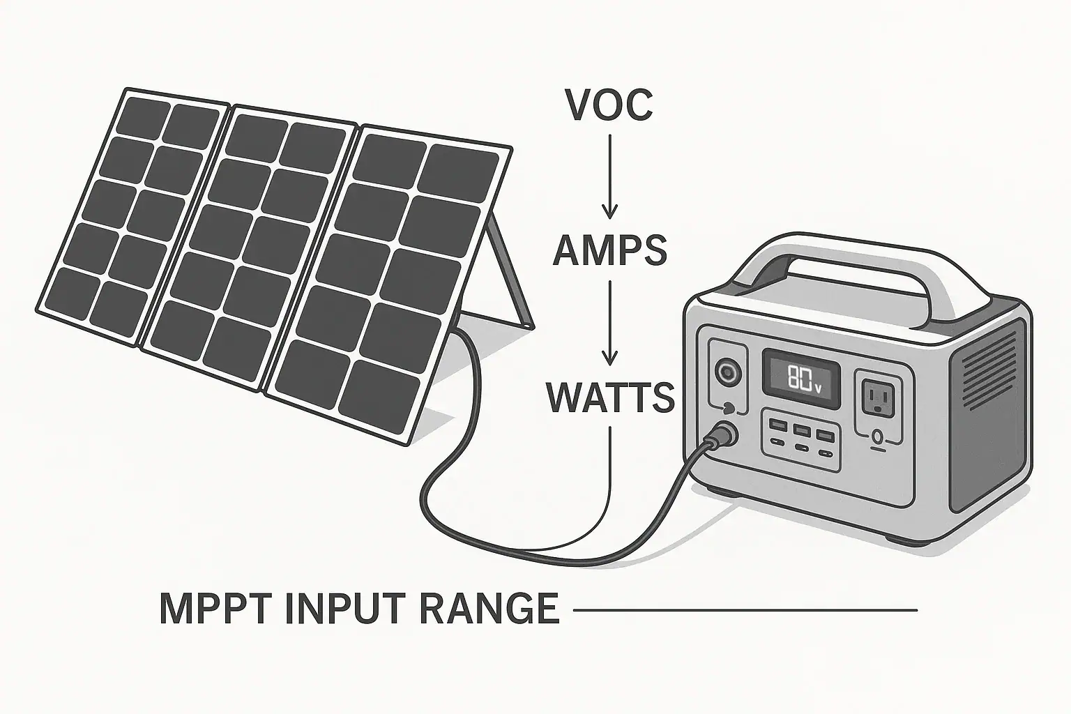 Portable power station solar input diagram showing voltage and amp limits