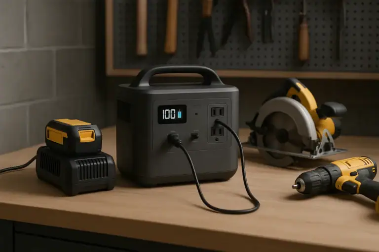 Portable power station powering a drill battery charger near saws and power tools