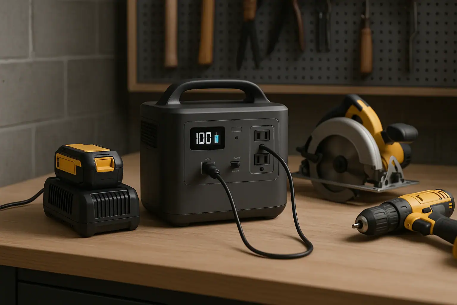 Portable power station powering a drill battery charger near saws and power tools