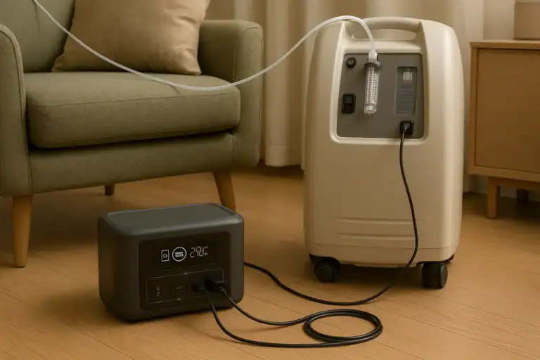 Portable power station connected to an oxygen concentrator for home backup power