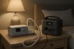 CPAP machine with humidifier connected to a portable power station for overnight runtime