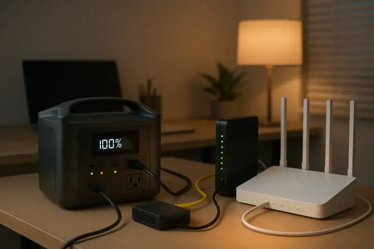 Portable power station powering a modem, ONT, and router for fiber internet backup