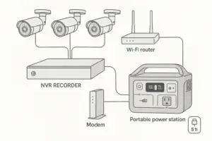 Backup power setup for a DVR or NVR security system with cameras, recorder, router, and portable power station.