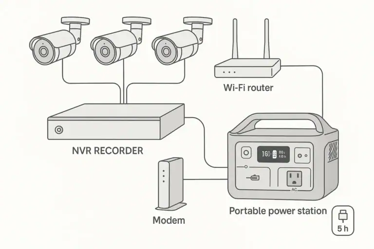 Backup power setup for a DVR or NVR security system with cameras, recorder, router, and portable power station.