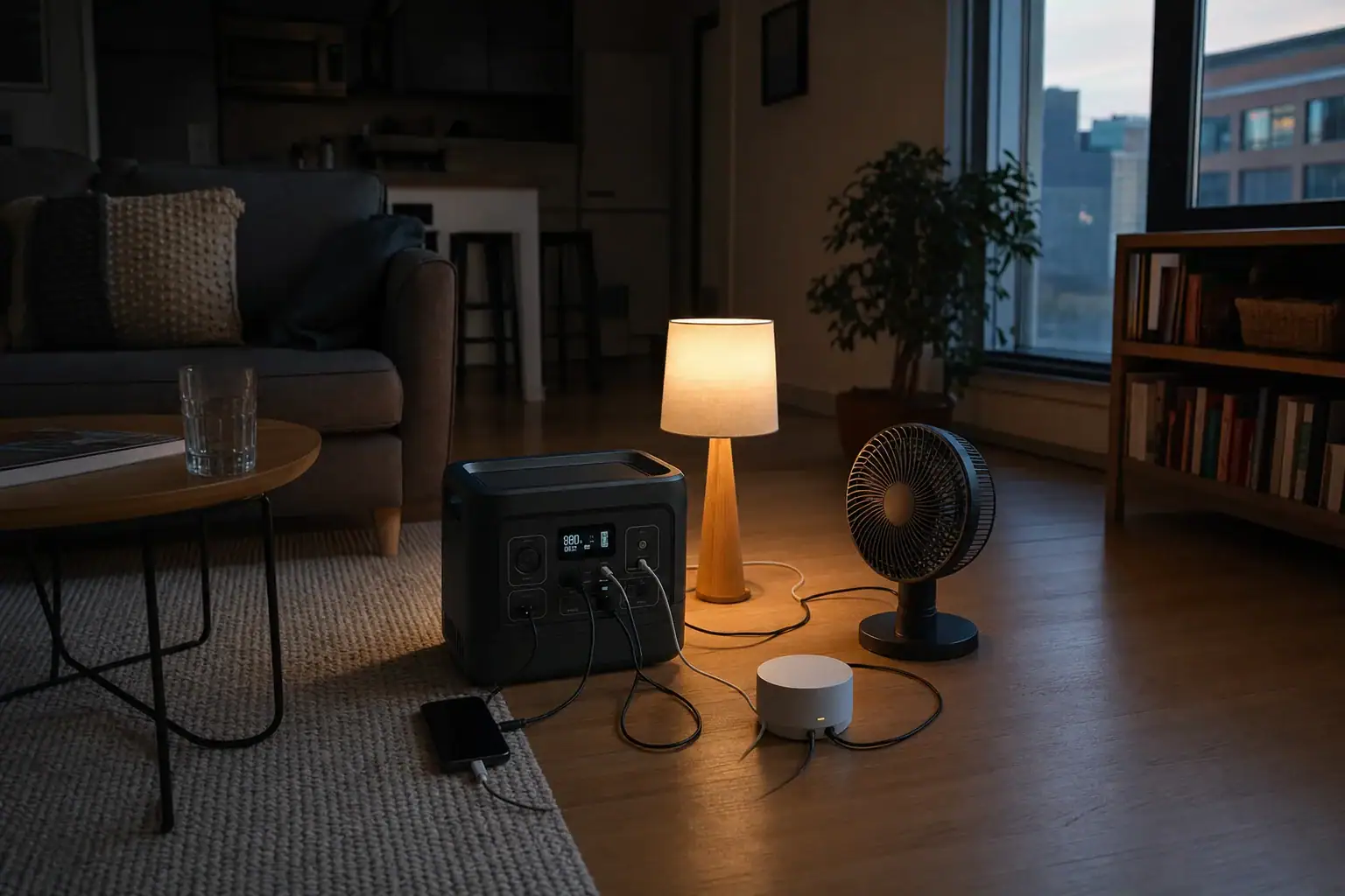 Portable power station providing safe backup power to essential devices in a renter's apartment