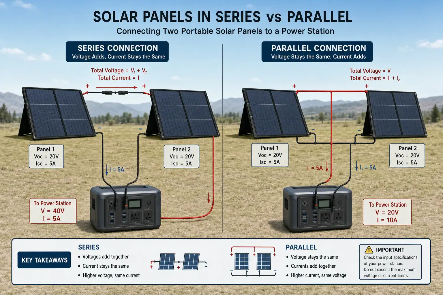 Series and parallel solar panel wiring for a portable power station