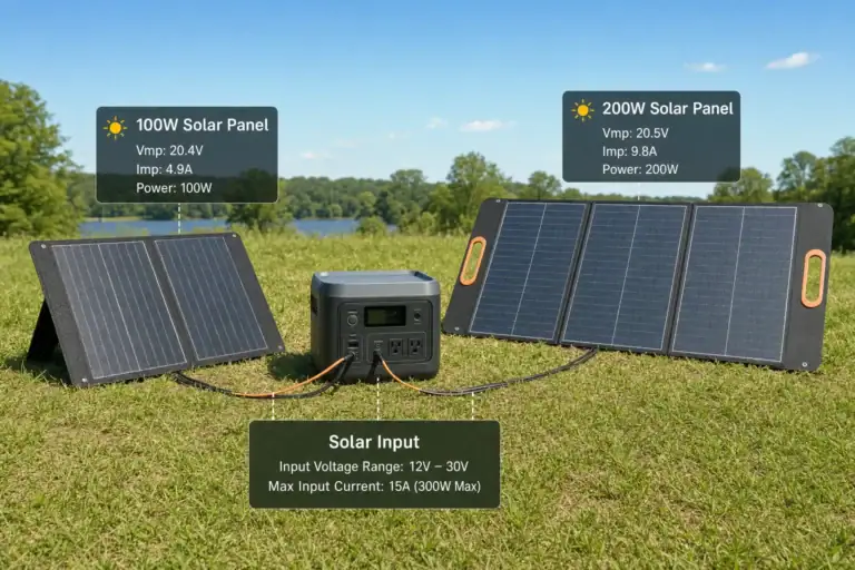 Two different-wattage solar panels connected to a portable power station