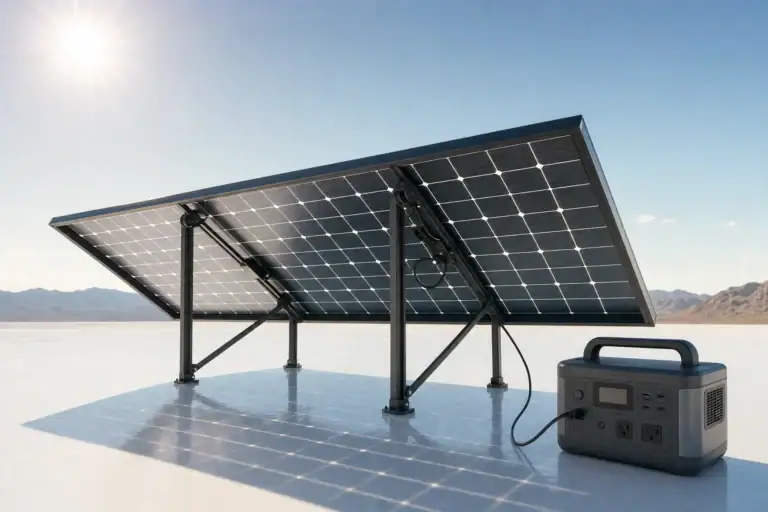 Elevated bifacial solar panel charging a portable power station over a reflective surface