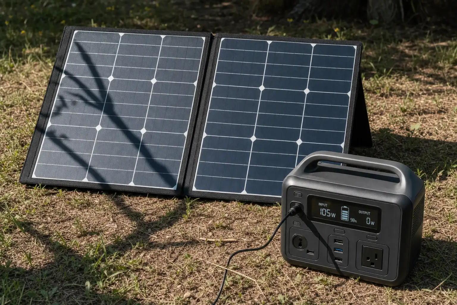 Partial shade from a tree branch reducing solar charging output to a portable power station