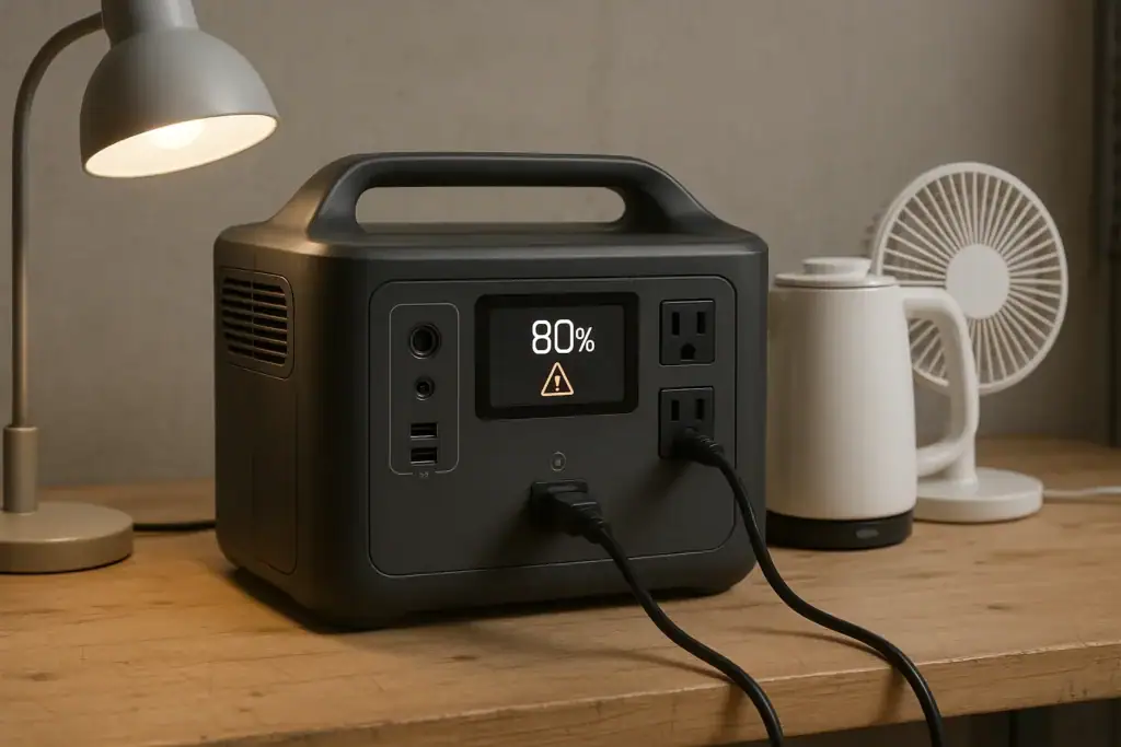 Portable power station showing an overload warning while several devices are plugged in