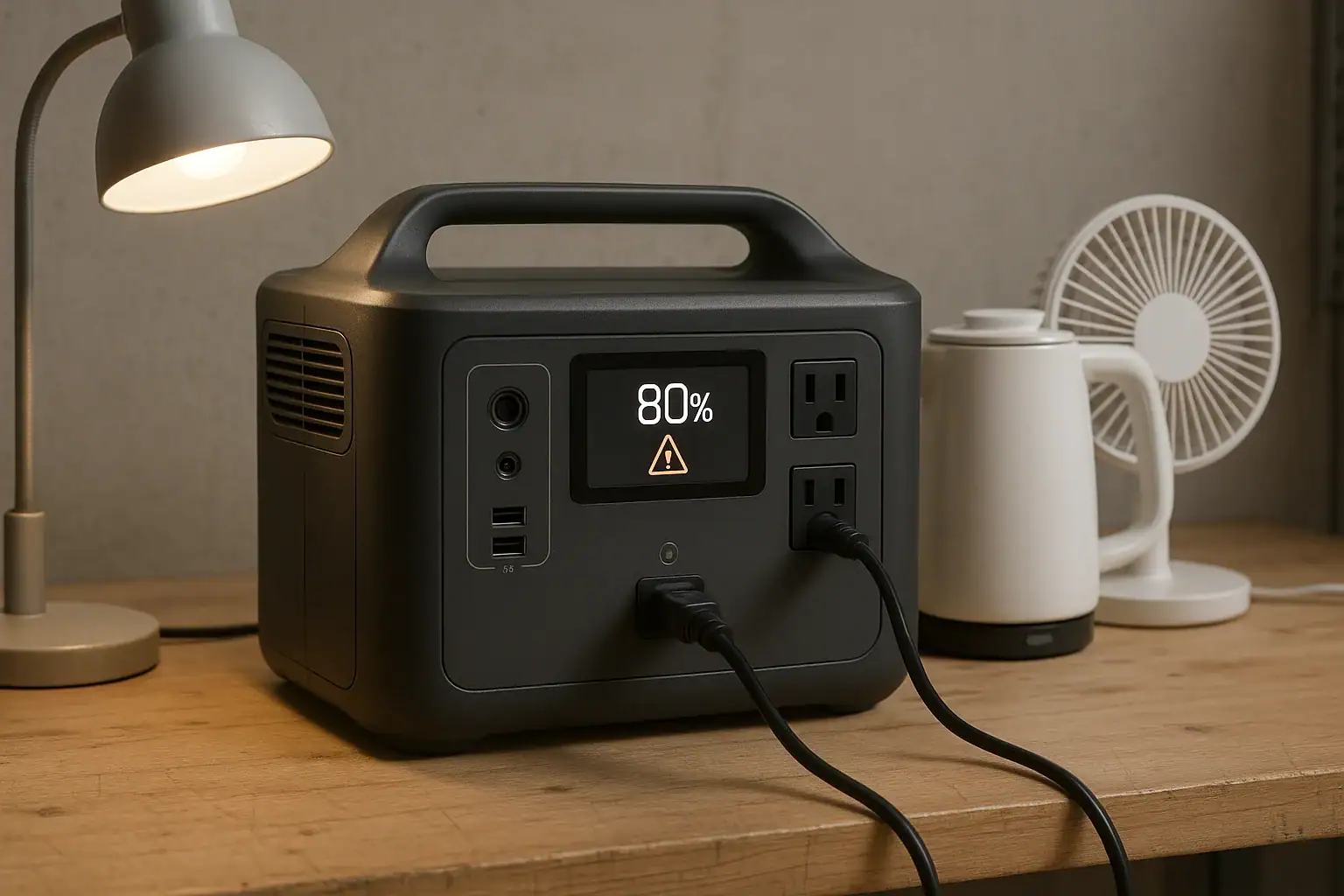 Portable power station showing an overload warning while several devices are plugged in