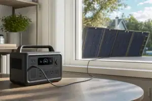 Portable power station charging from a solar panel placed behind a sunny window