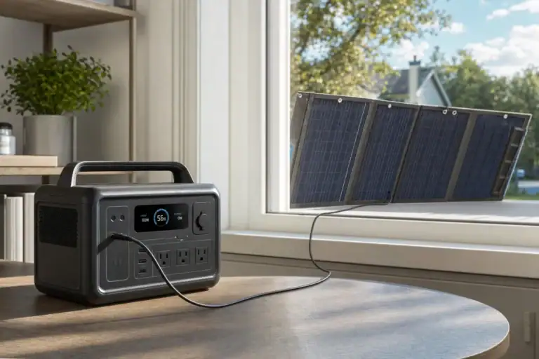 Portable power station charging from a solar panel placed behind a sunny window