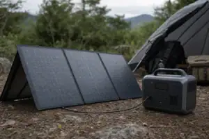 Water droplets on a portable solar panel charging a protected power station outdoors