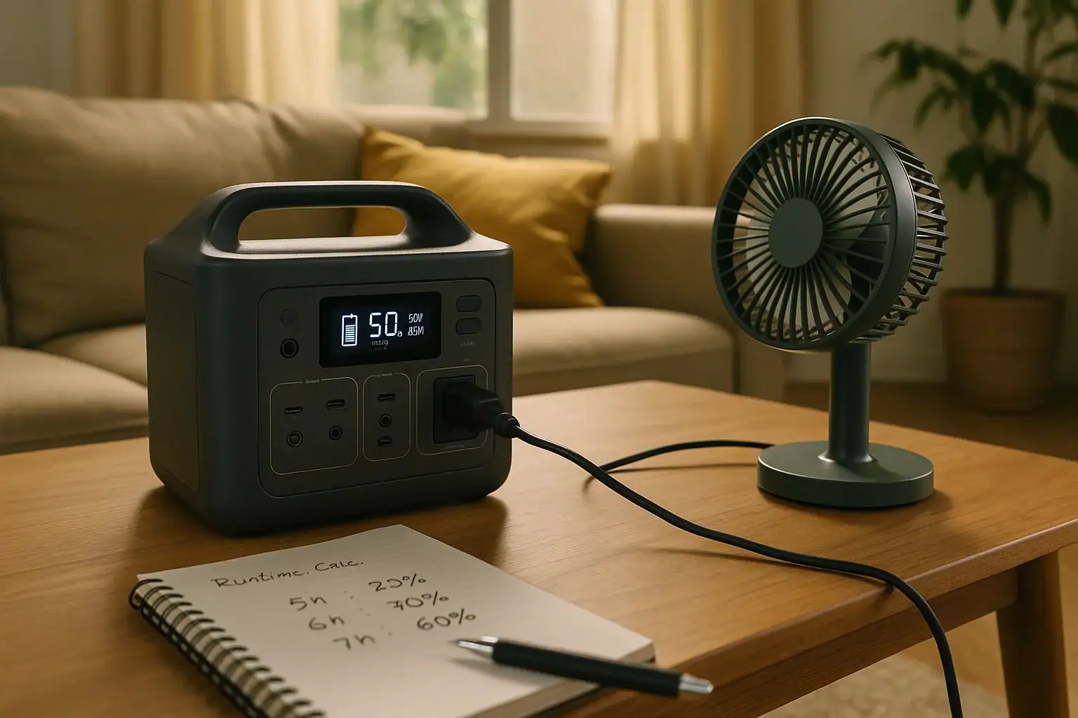 Portable power station running a portable fan during a heat wave with runtime planning notes