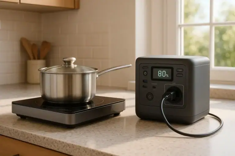Portable power station running a single-burner induction cooktop on a kitchen counter