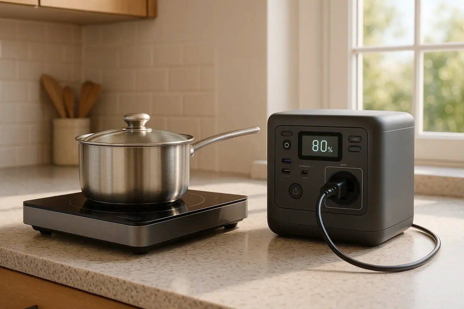 Portable power station running a single-burner induction cooktop on a kitchen counter