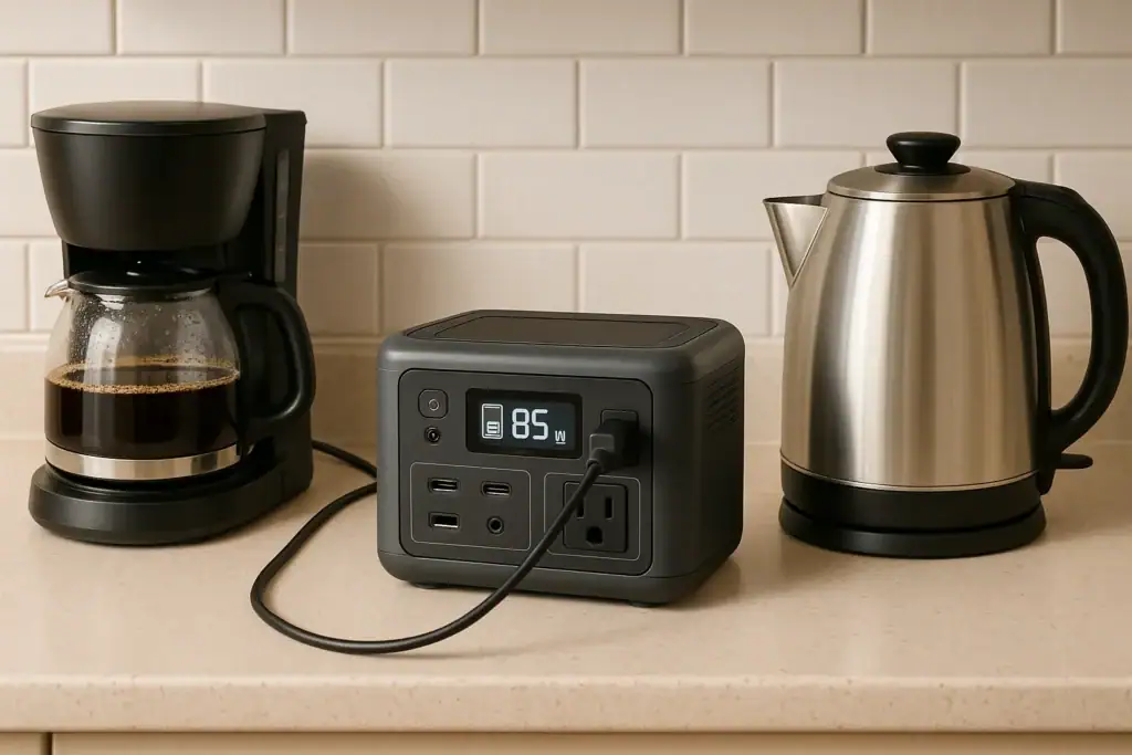 Portable power station powering a coffee maker and electric kettle on a kitchen counter