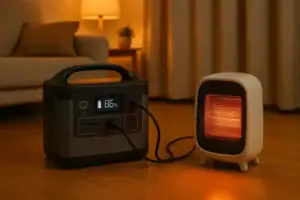 Portable power station connected to a small space heater indoors