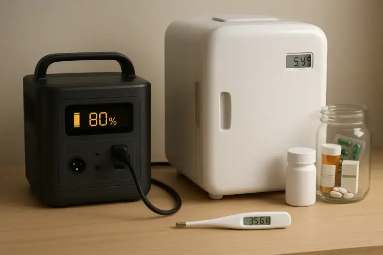 Portable power station backing up a medical mini fridge at home