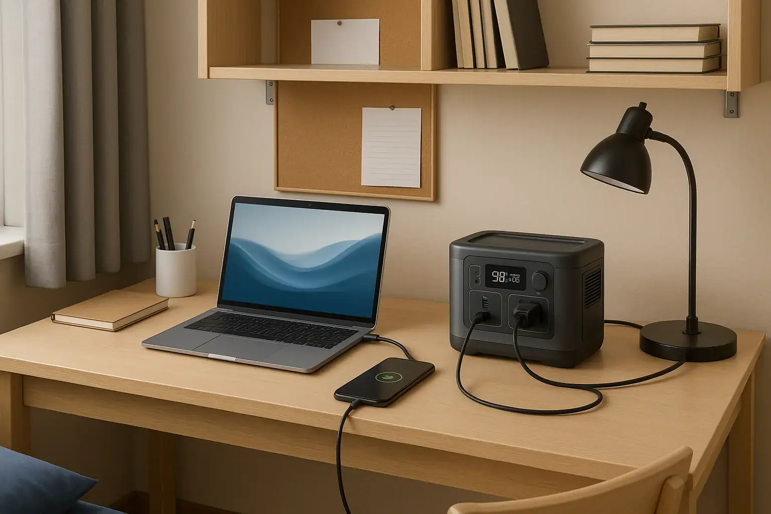 Portable power station on a dorm room desk charging a laptop and phone