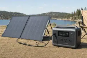 Two portable solar panels charging a 1,000Wh power station outdoors
