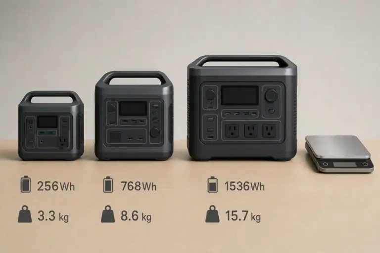 Portable power stations being compared by watt-hour capacity and weight