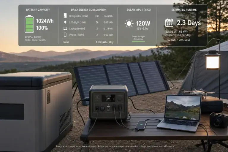 Portable power station and solar panels supplying several days of autonomy to essential devices