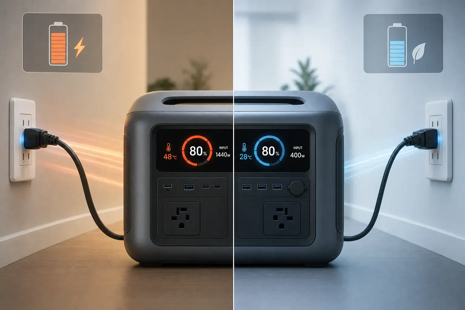 Portable power station comparing fast AC turbo charging with slower battery-friendly charging