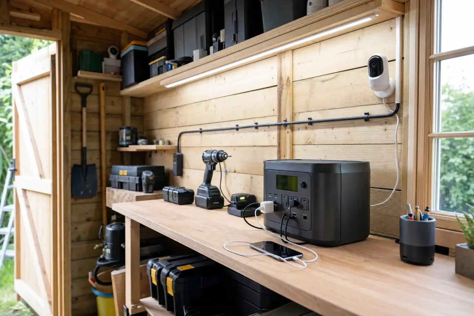 Portable power station running shed lights, chargers, and a security camera