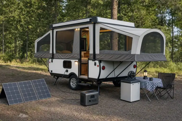 Portable power station running lights, a fan, and a fridge in a pop-up camper