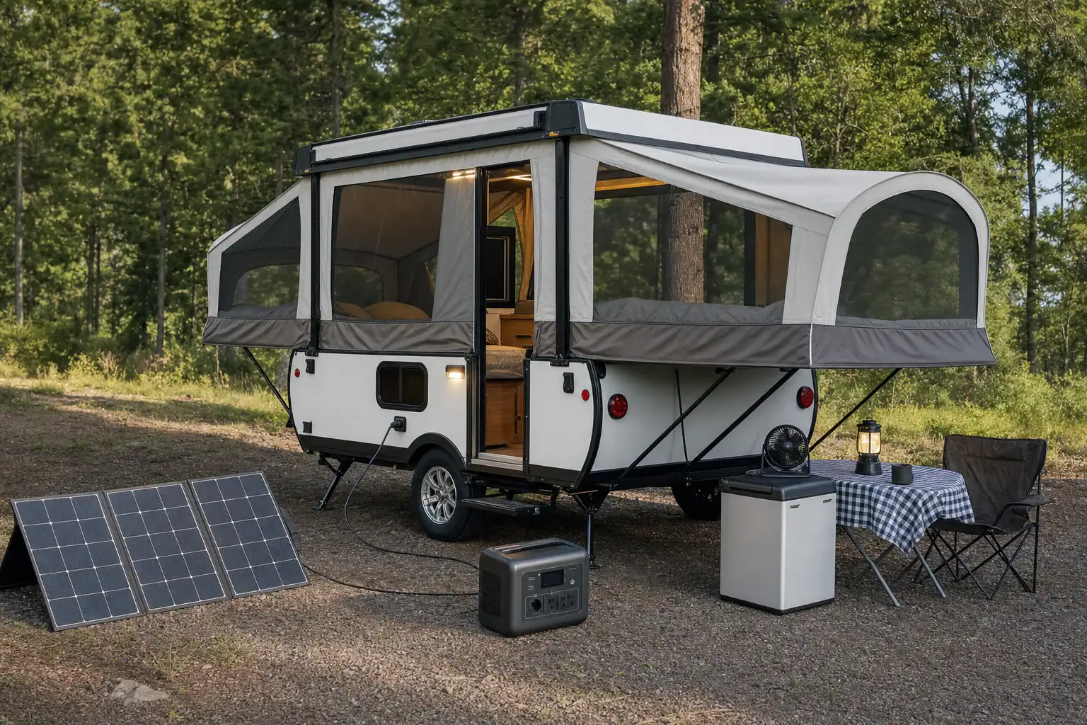 Portable power station running lights, a fan, and a fridge in a pop-up camper