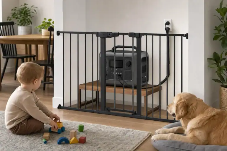 Portable power station secured from children and pets with managed cables and clear ventilation space