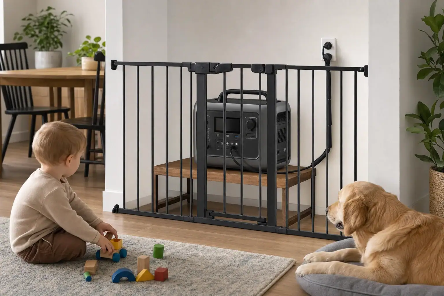 Portable power station secured from children and pets with managed cables and clear ventilation space