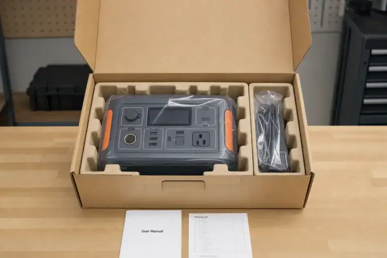Portable power station secured with protective cushioning inside a shipping box