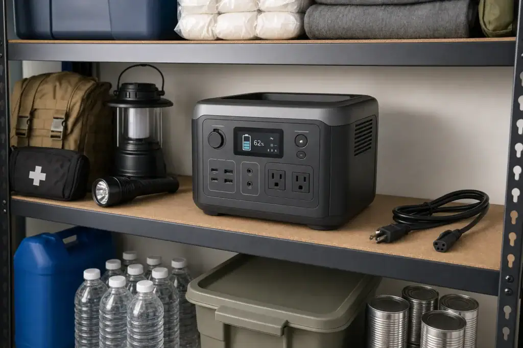 Backup power station stored at a moderate charge level for emergency readiness