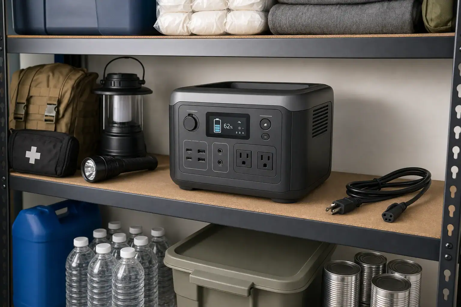 Backup power station stored at a moderate charge level for emergency readiness
