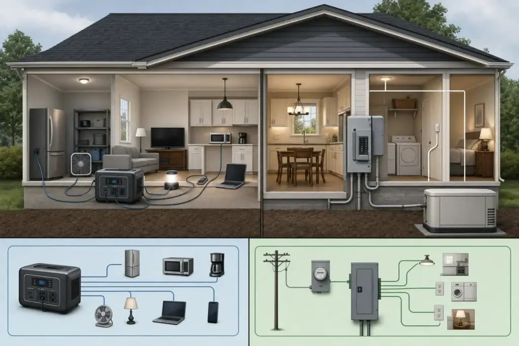 Portable power station compared with a home transfer switch setup