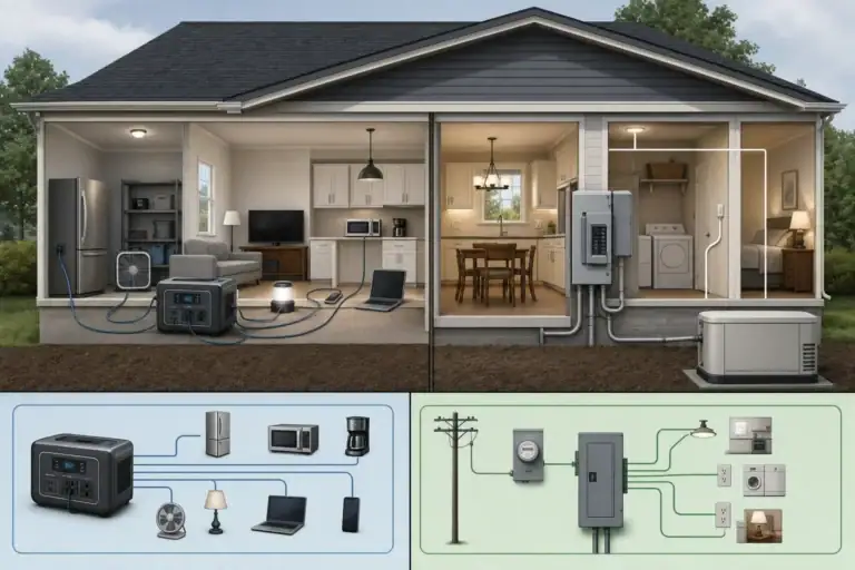 Portable power station compared with a home transfer switch setup