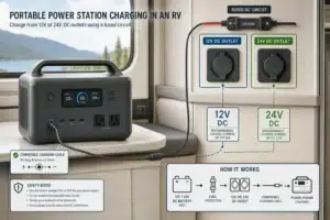 Portable power station charging from 12V and 24V RV outlets with voltage and current limits illustrated