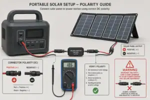 Solar adapter polarity check between a solar panel and portable power station