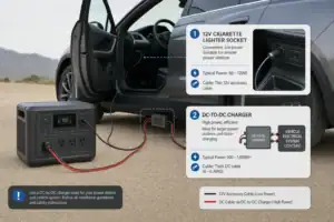 Comparison of car alternator and cigarette lighter charging for a portable power station