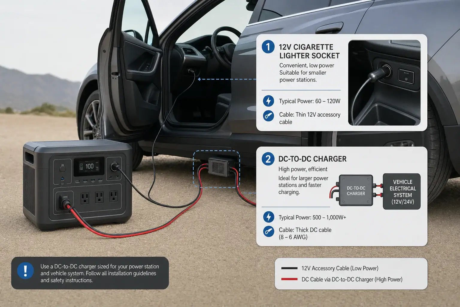 Comparison of car alternator and cigarette lighter charging for a portable power station