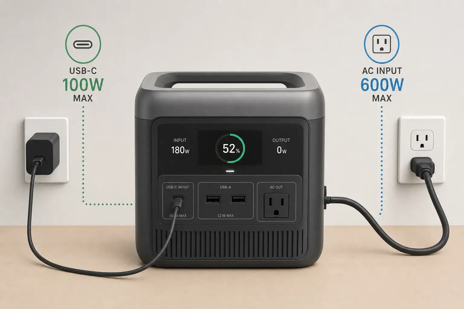 USB-C input compared with AC input on a portable power station