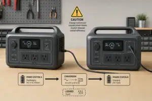 Two portable power stations connected in a daisy-chain charging arrangement