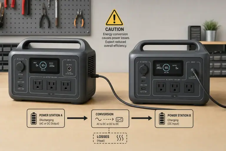 Two portable power stations connected in a daisy-chain charging arrangement