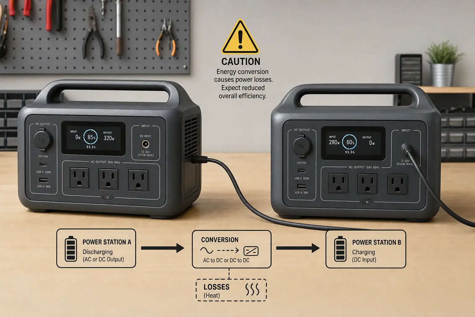 Two portable power stations connected in a daisy-chain charging arrangement