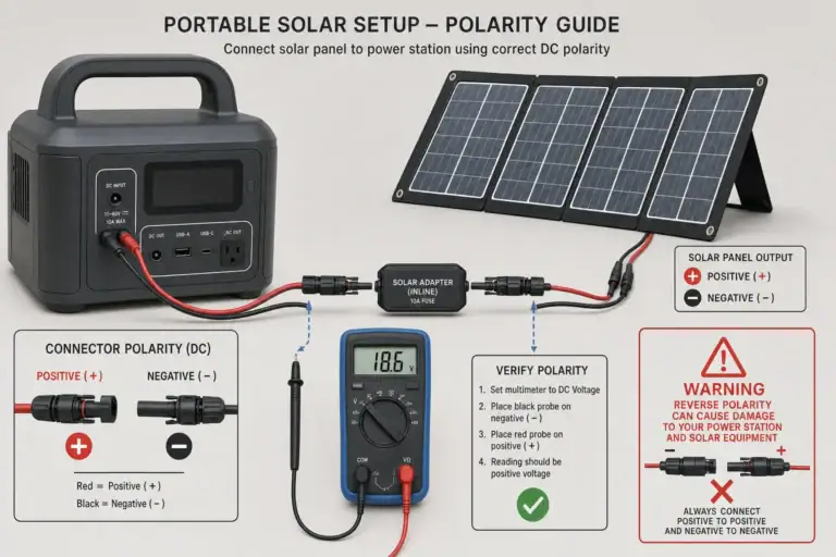 Solar adapter polarity check between a solar panel and portable power station