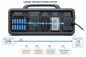 Diagram showing why a 1,000Wh power station delivers less usable energy at an AC outlet