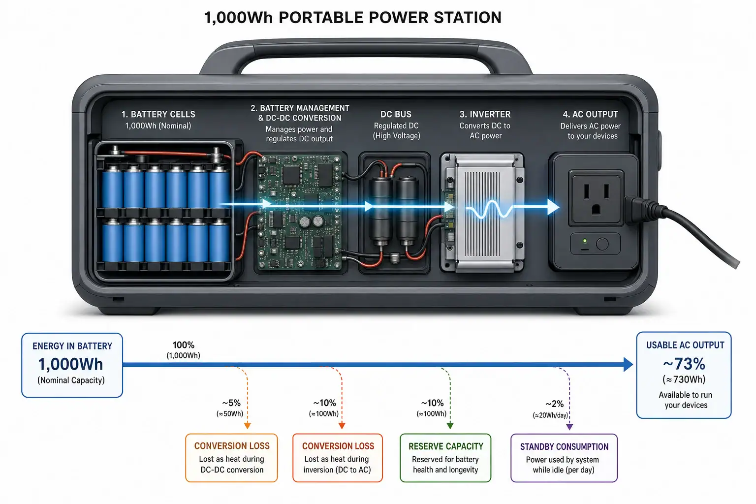 Diagram showing why a 1,000Wh power station delivers less usable energy at an AC outlet